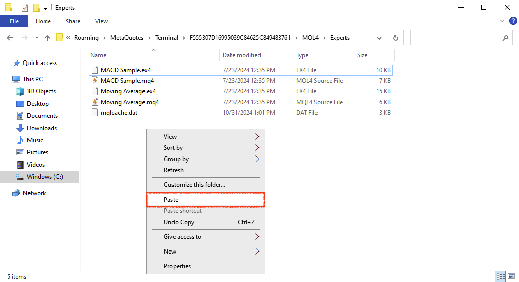 Paste NileBot.ex4 file